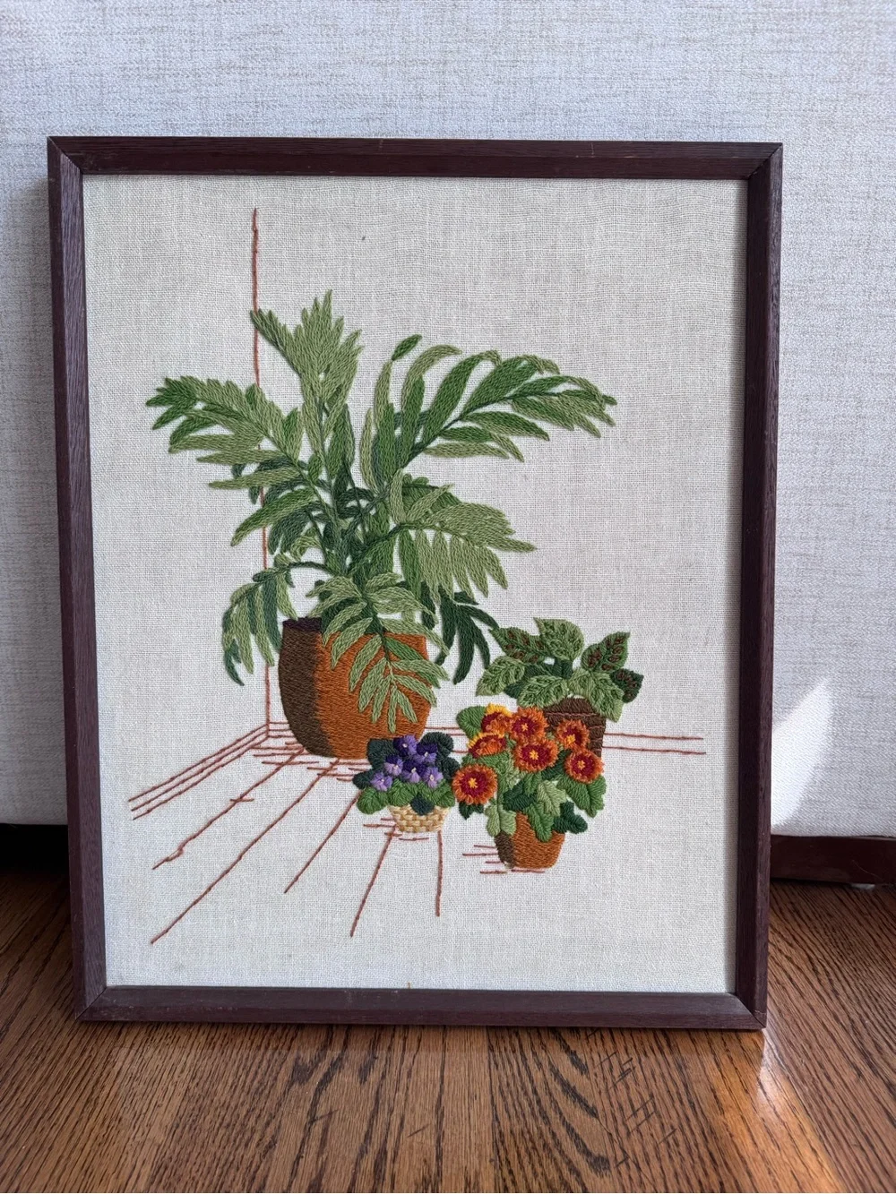 Vintage Crewel Embroidered Plant Wall Art